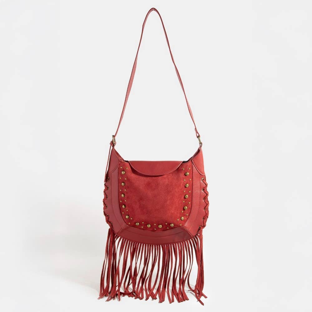 Rivet Trim Suede Fringe Shoulder Bag
