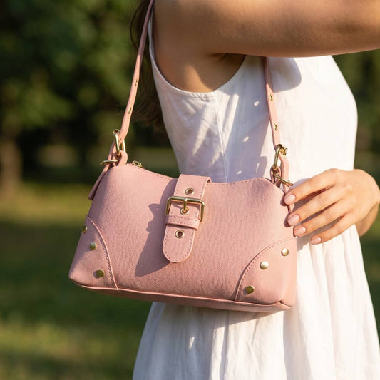 Studded Saffiano Buckle Strap Shoulder Bag
