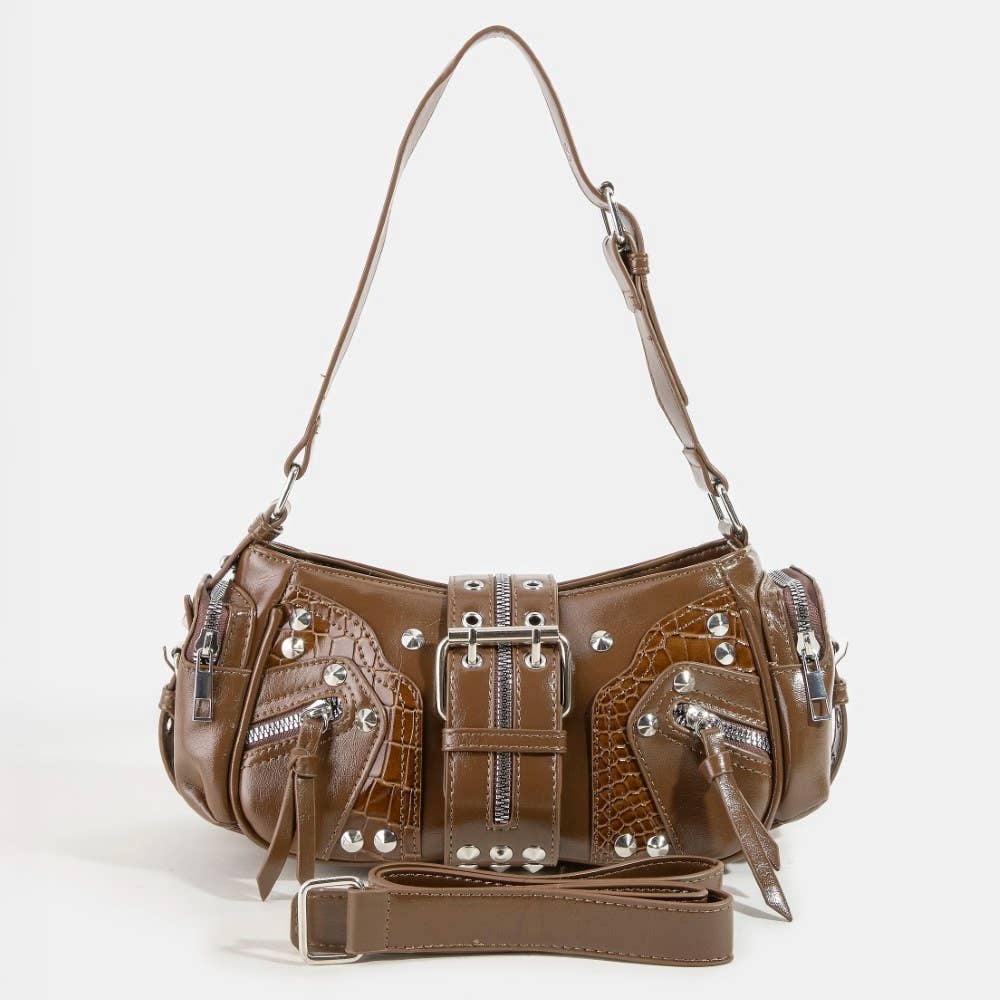 Rivet Detail Leather Shoulder Bag