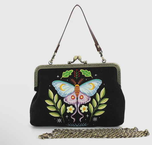 Butterfly Kisslock Embroidery Bag / Black