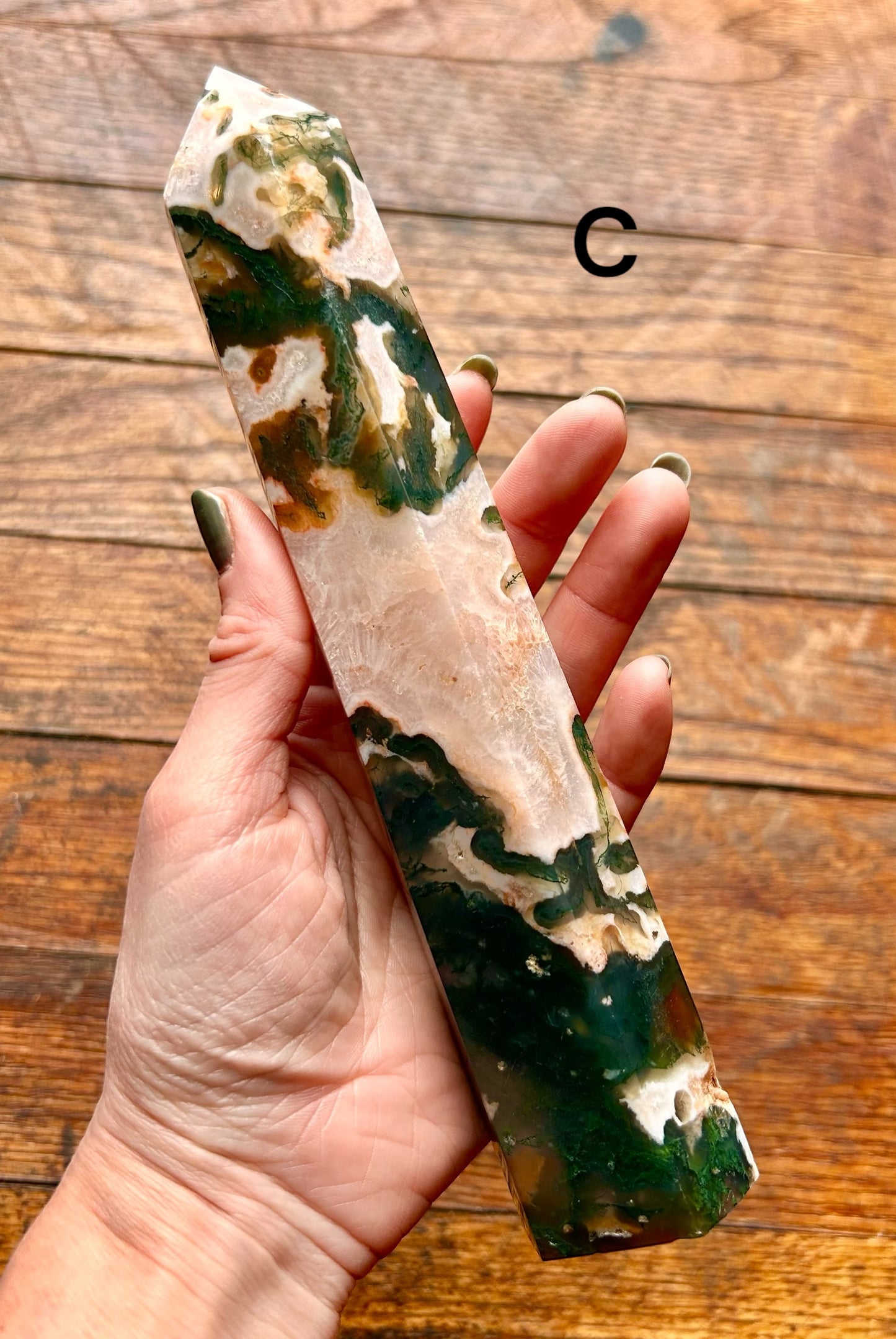 Large Moss Agate Crystal Point Tower