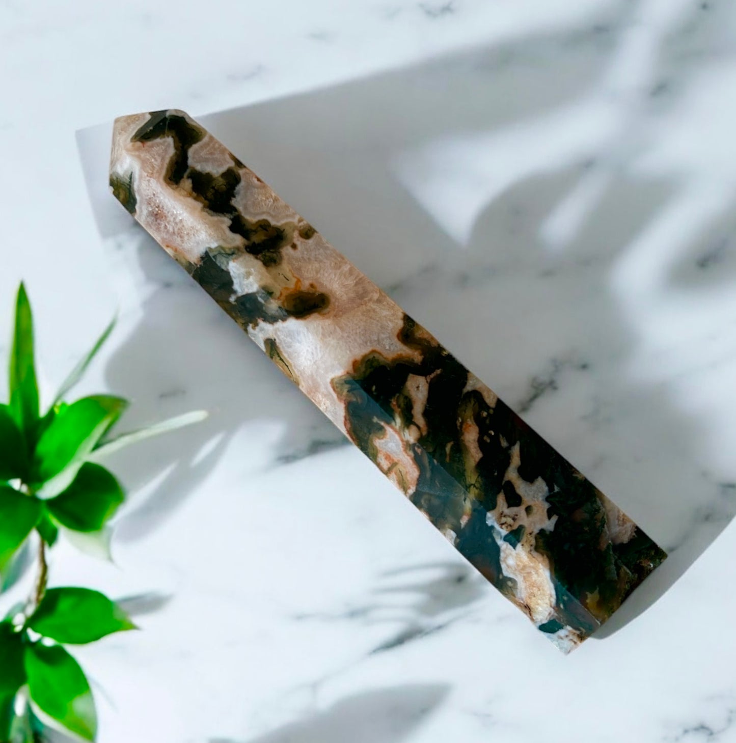 Large Moss Agate Crystal Point Tower