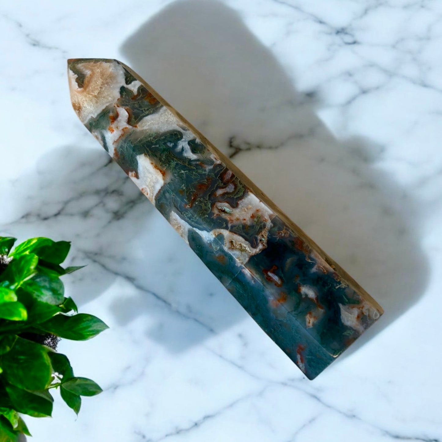 Large Moss Agate Crystal Point Tower