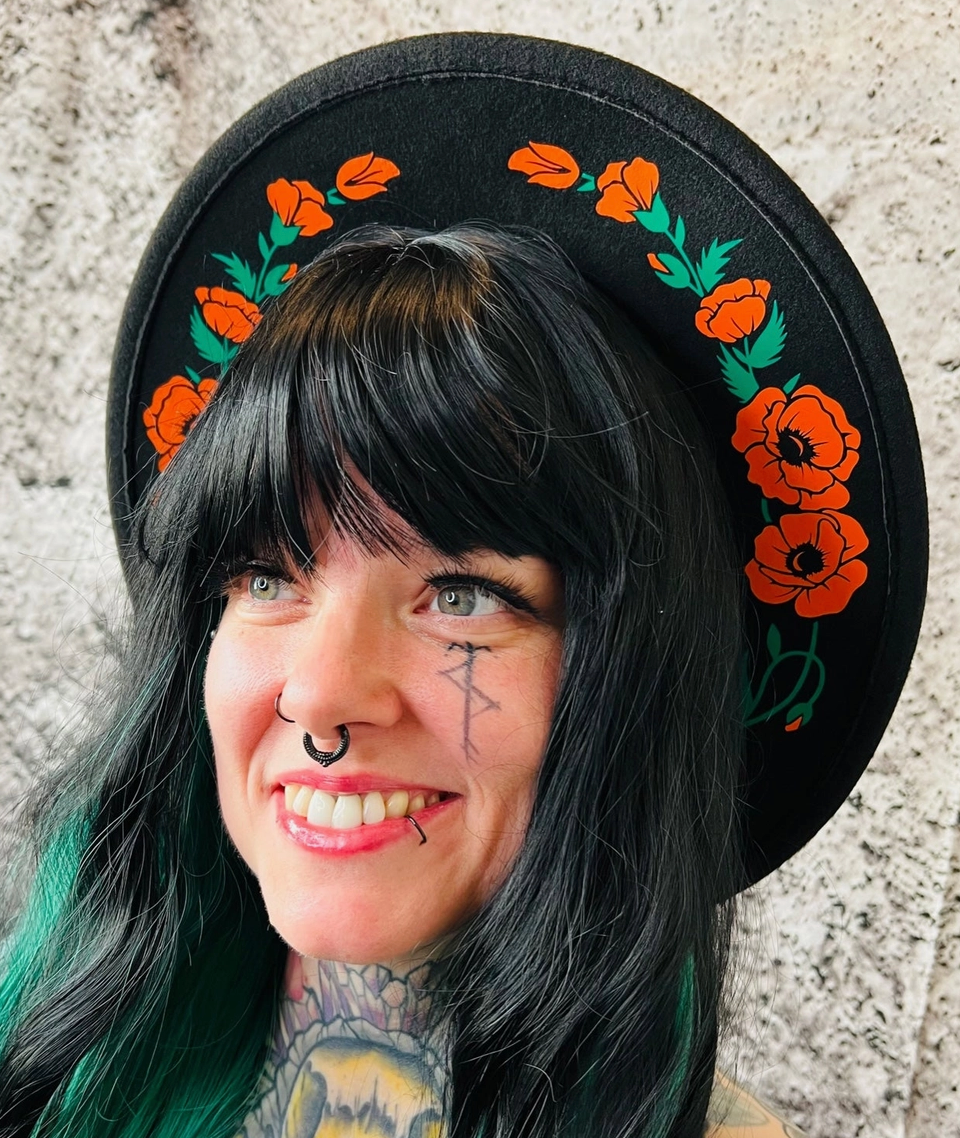 Vegan Felt Wide Brim Hat - Orange Poppies