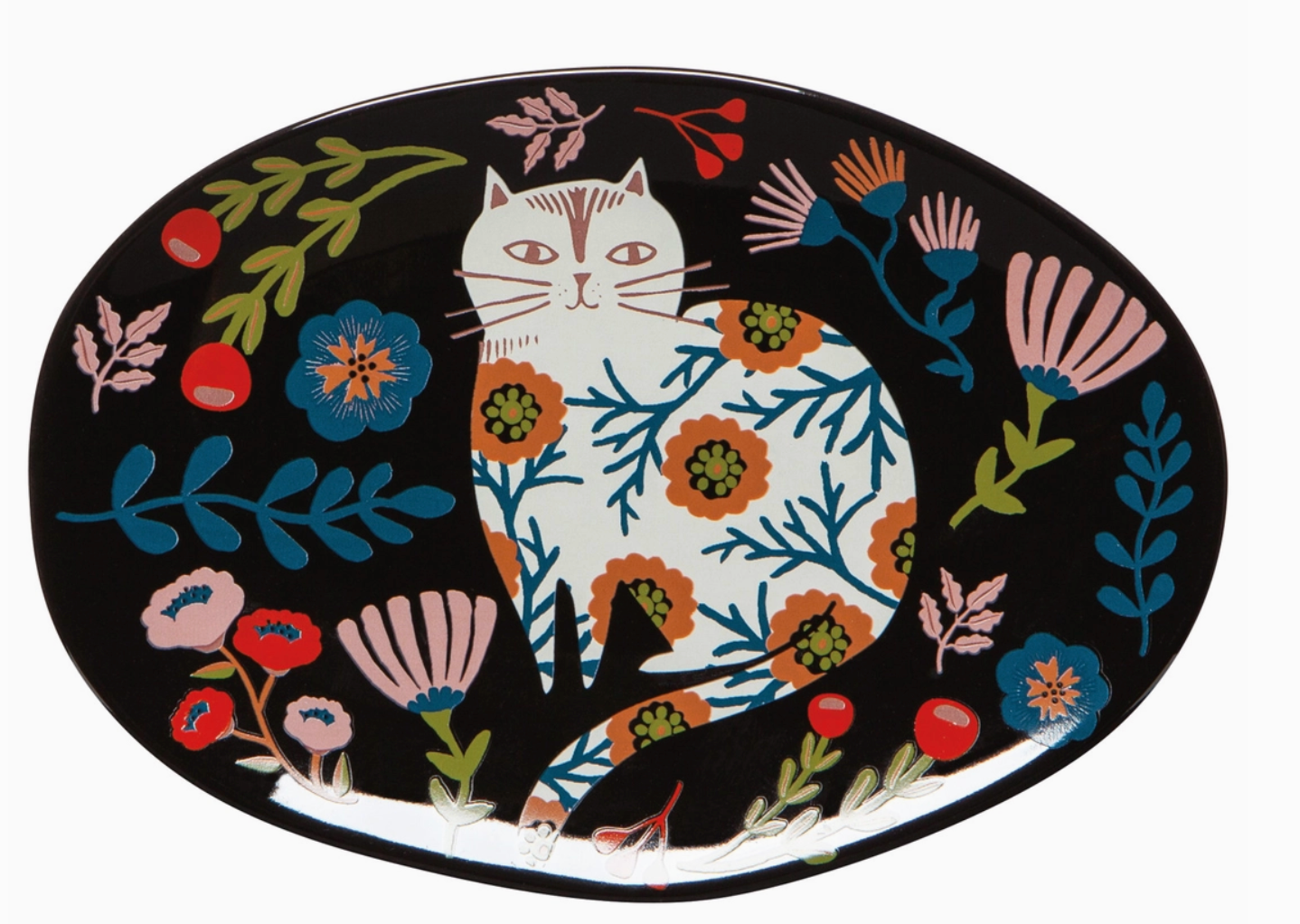 Floral Cat Ceramic Trinket Tray