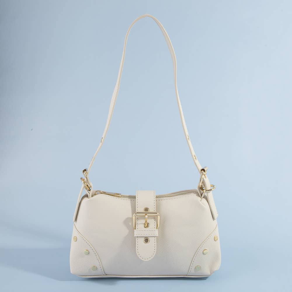 Studded Saffiano Buckle Strap Shoulder Bag