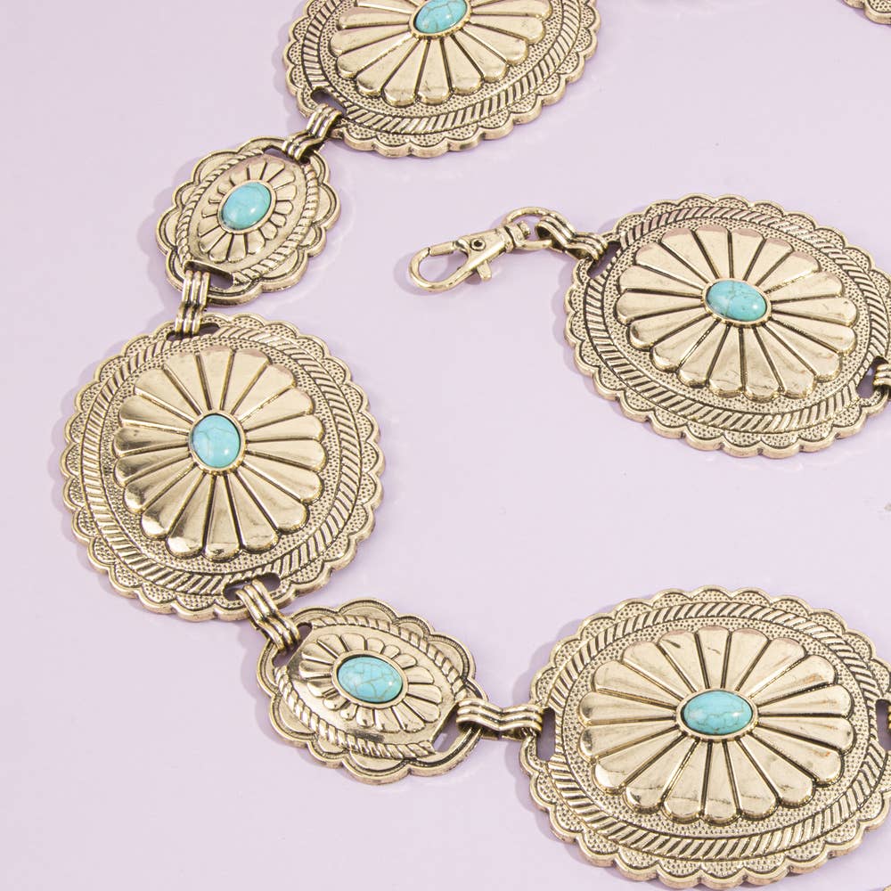 Sunburst Concho Chain Belt With Turquoise Stones