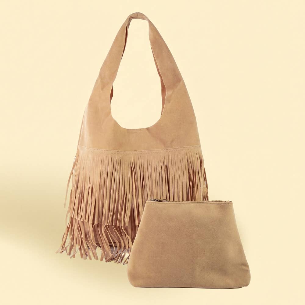Suede Fringe Hobo Bag With Inner Zip Pouch