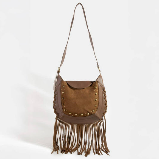 Rivet Trim Suede Fringe Shoulder Bag