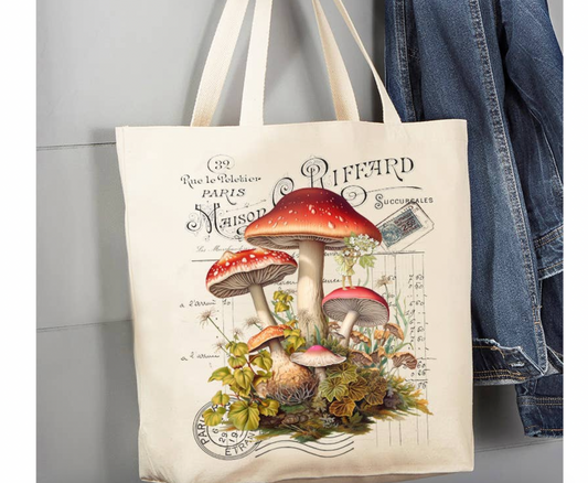 Vintage French Red & White Mushrooms Canvas Tote Bag