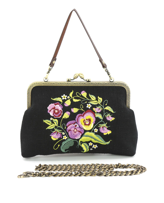 Pansy Flower Kisslock Embroidery Bag