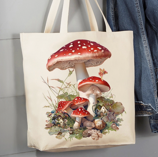 Vintage Red & White Mushroom Canvas Tote Bag
