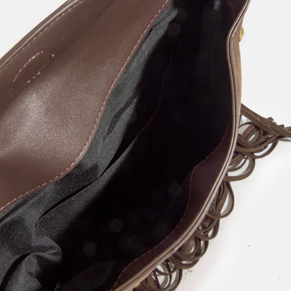 Rivet Trim Suede Fringe Shoulder Bag