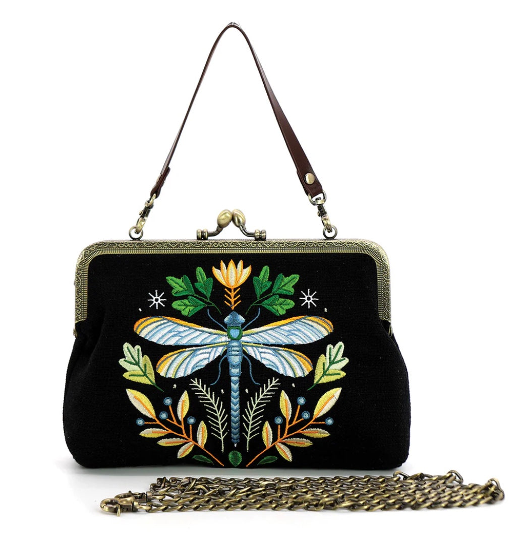 Dragonfly Vintage Kisslock Embroidery Bag