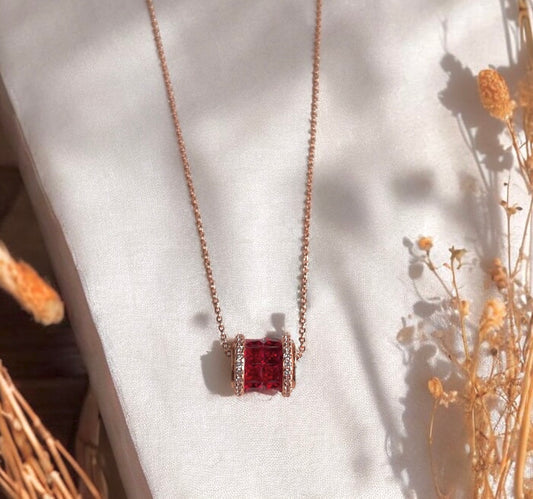 043 Ruby Color Barrel Gem Necklace