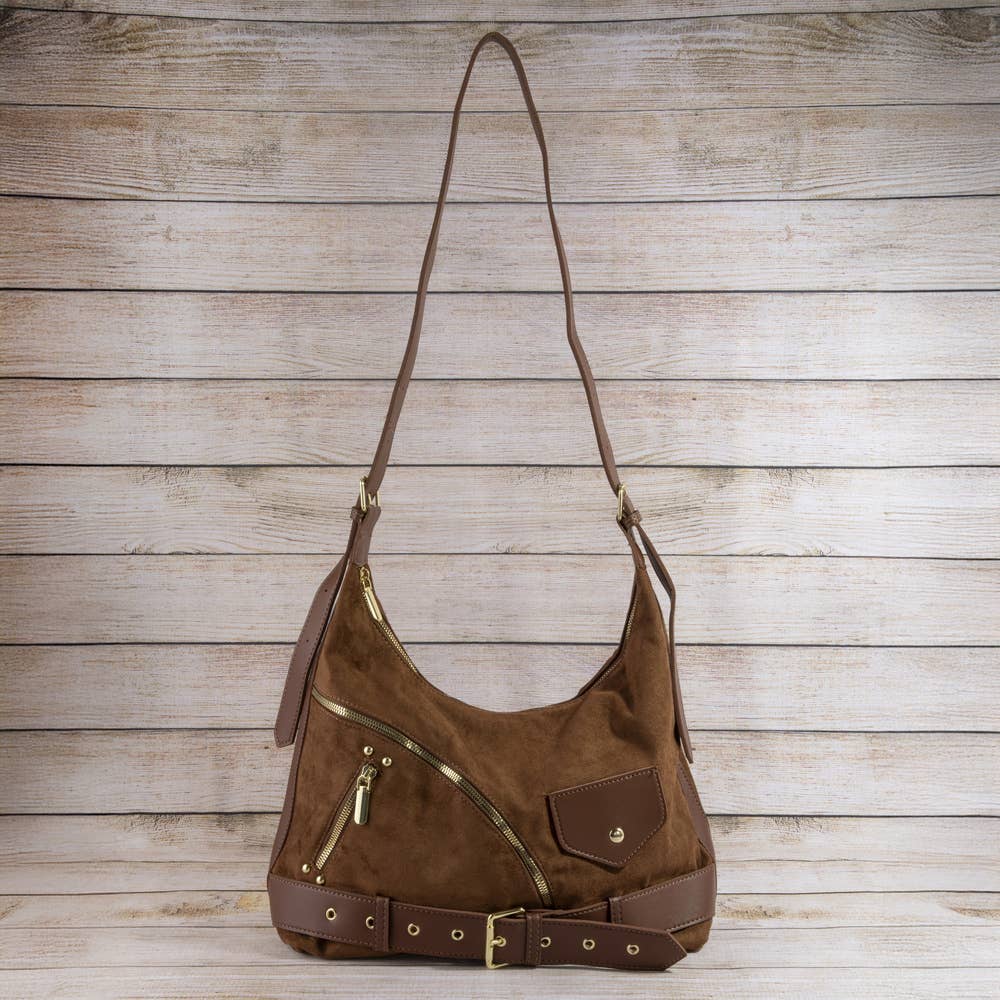 Suede Zip Detail Buckle Hobo Bag