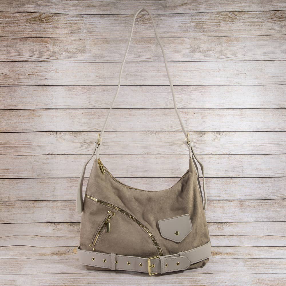 Suede Zip Detail Buckle Hobo Bag