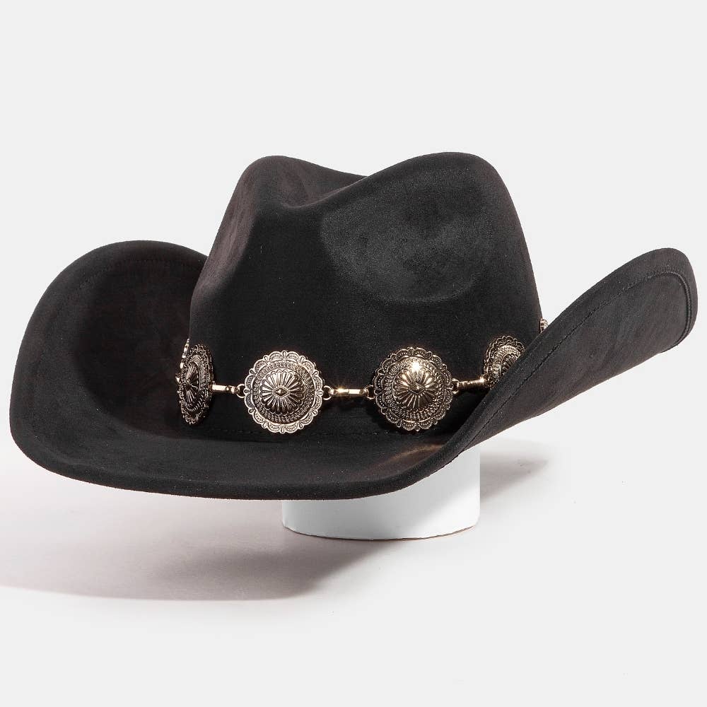 Vegan Suede Cowboy Hat With Concho Chain Band
