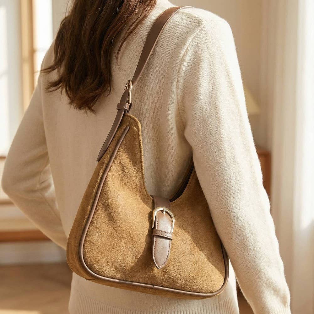 Buckle Accent Faux Suede Hand Bag - Light Brown
