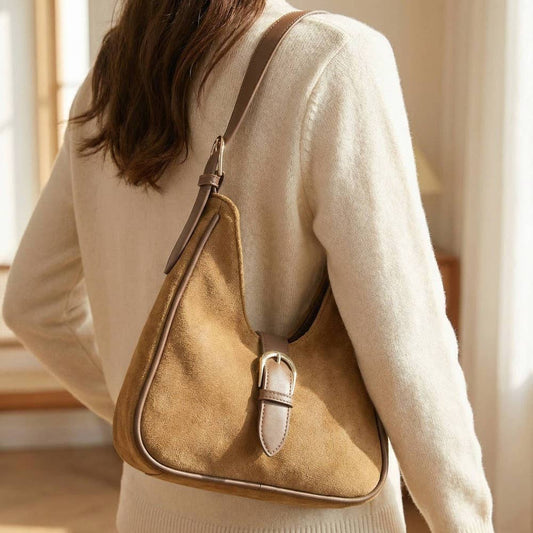 Buckle Accent Faux Suede Hand Bag - Light Brown