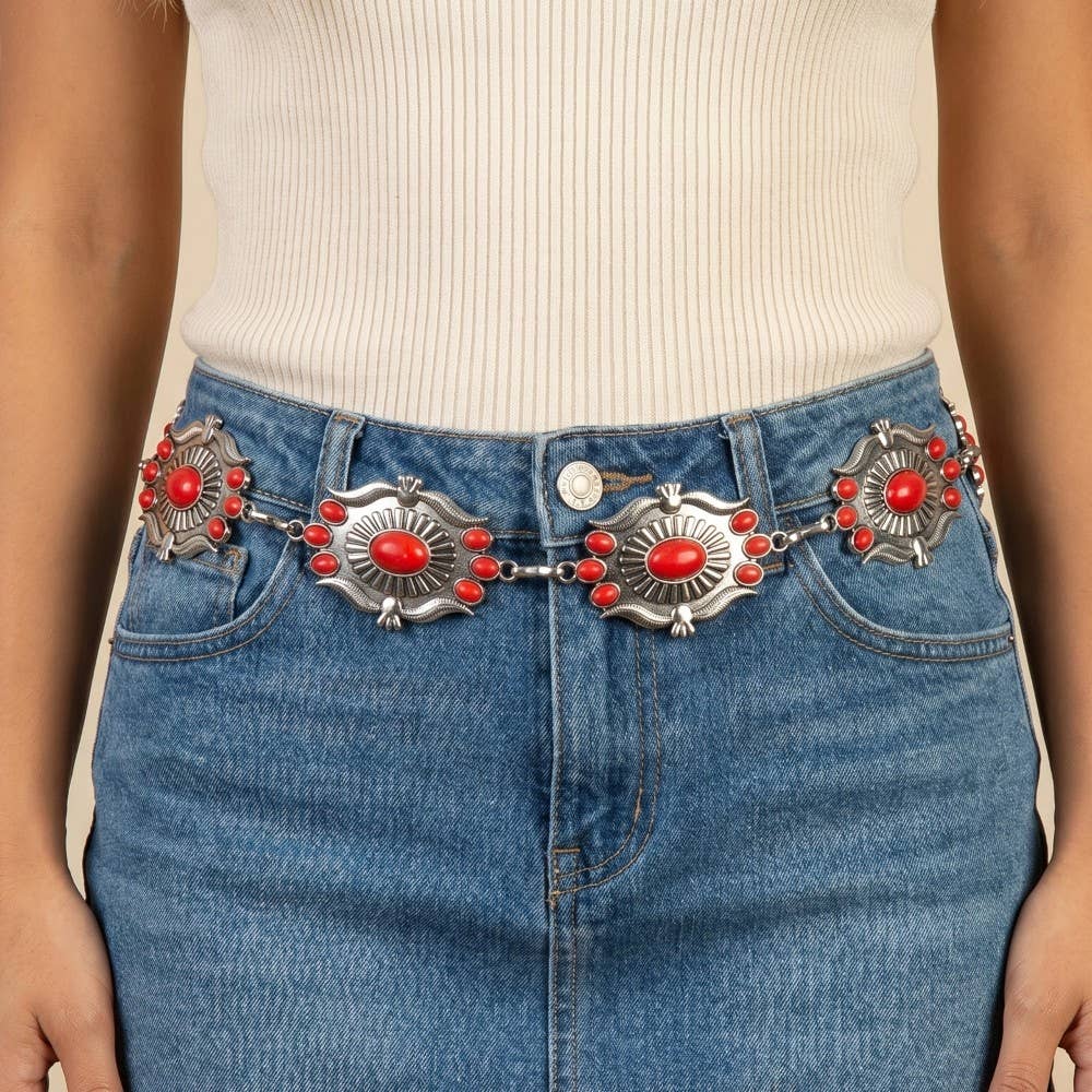 Intricate Stone Studs Concho Western Chain Belt