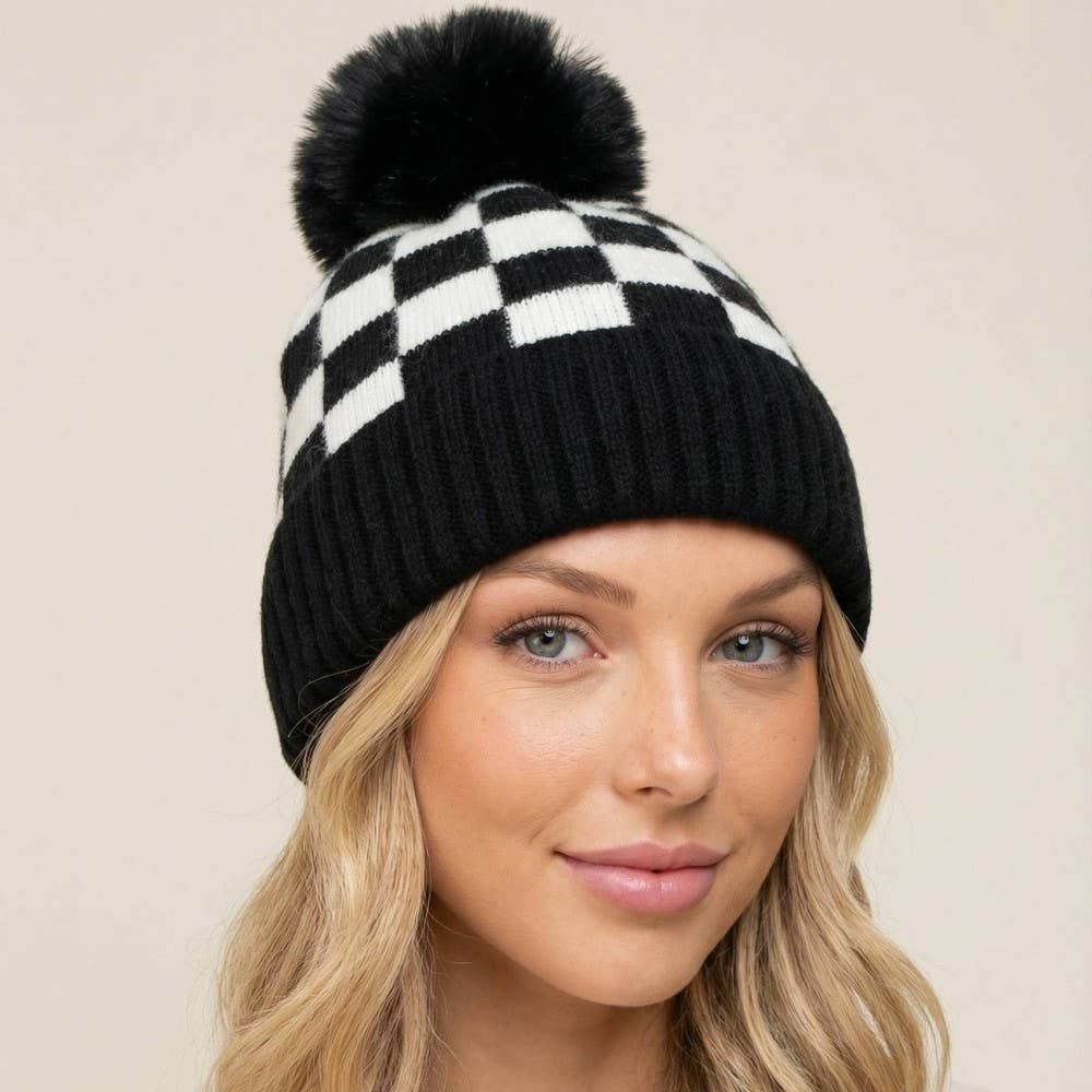 Checkered Pom Beanie