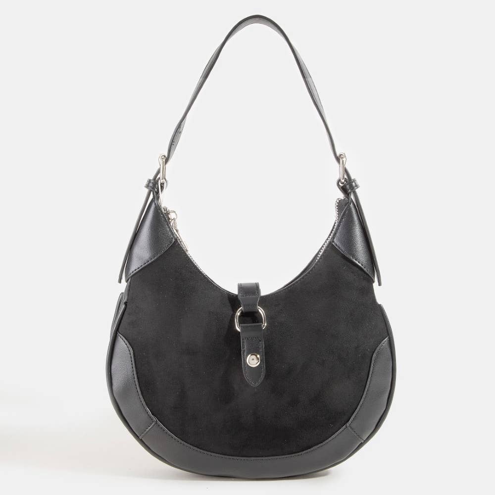 Faux Leather Accent Suede Crescent Shoulder Bag