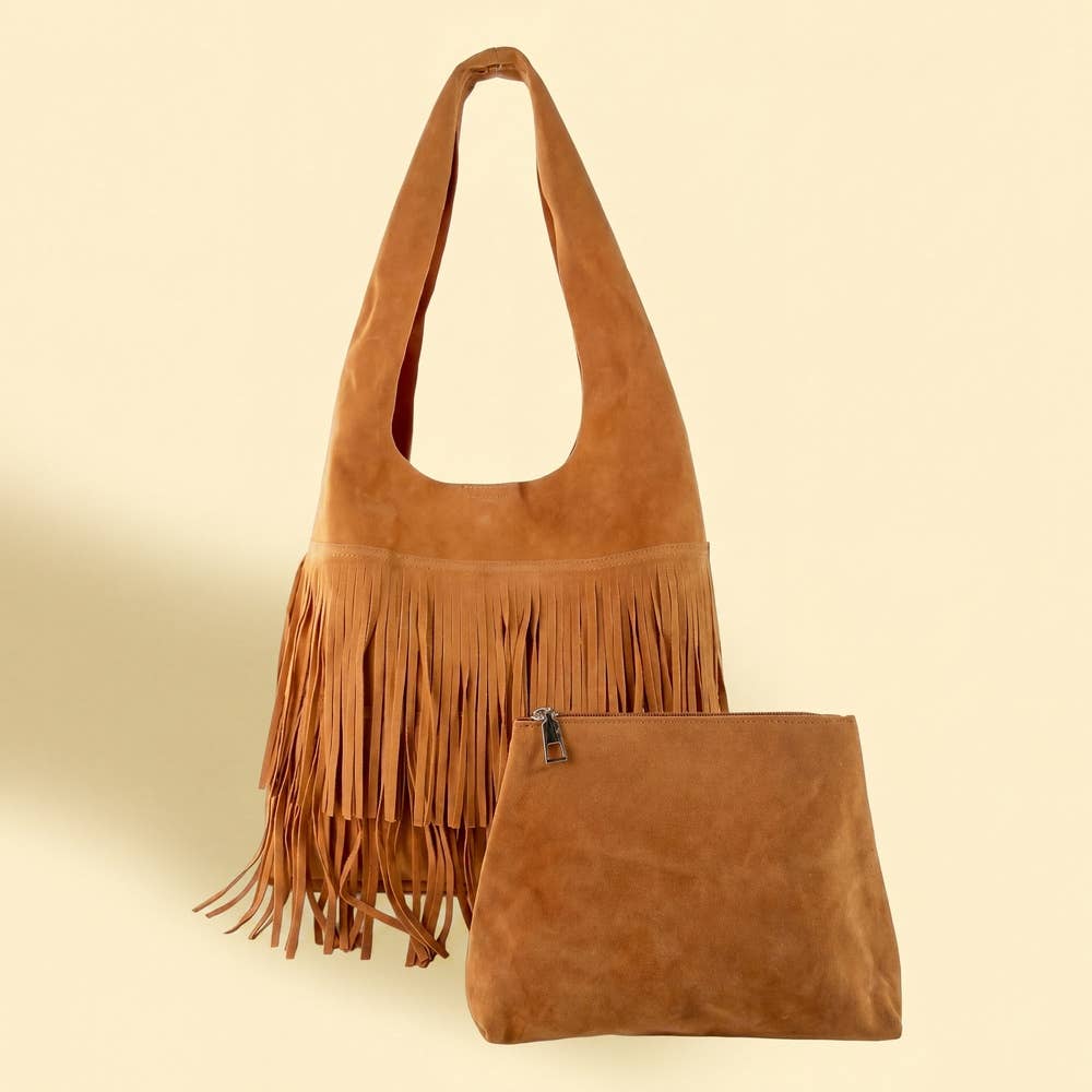 Suede Fringe Hobo Bag With Inner Zip Pouch