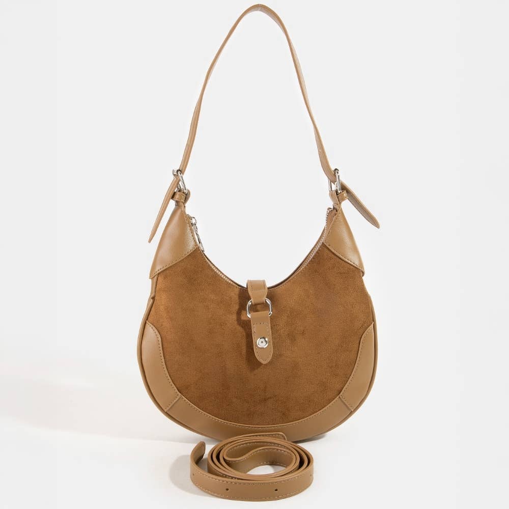 Faux Leather Accent Suede Crescent Shoulder Bag