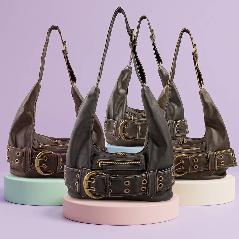 Faux Leather Belted Hobo Shoulder Bag