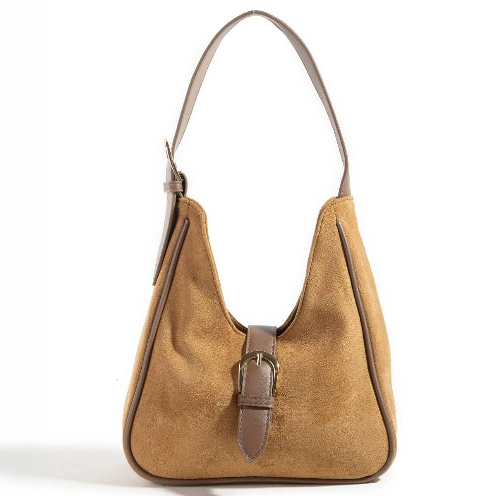 Buckle Accent Faux Suede Hand Bag - Light Brown