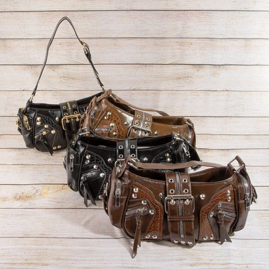 Rivet Detail Leather Shoulder Bag