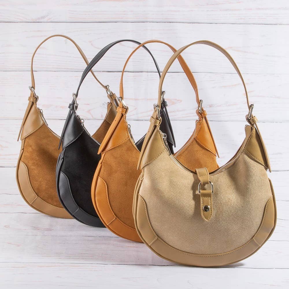 Faux Leather Accent Suede Crescent Shoulder Bag