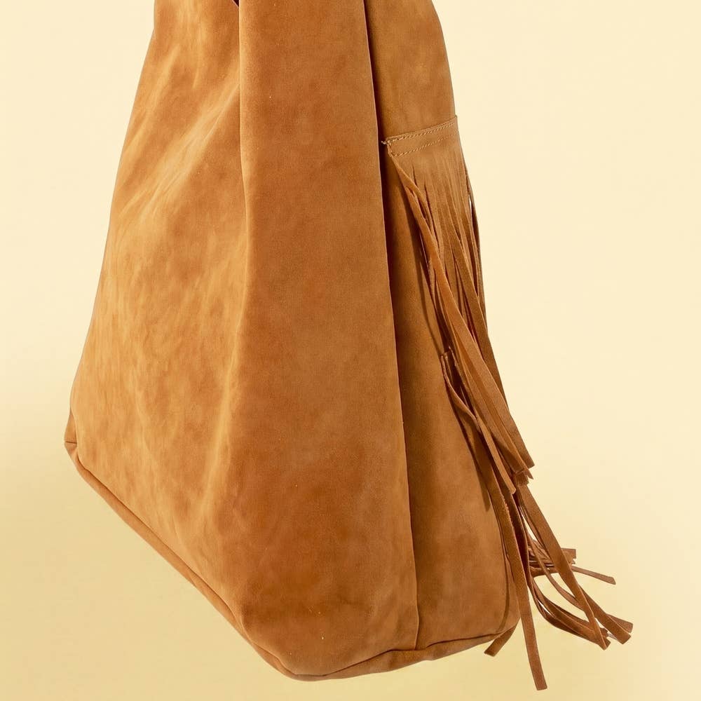 Suede Fringe Hobo Bag With Inner Zip Pouch
