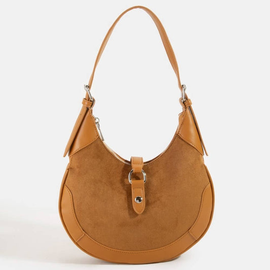 Faux Leather Accent Suede Crescent Shoulder Bag