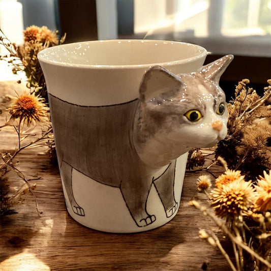 Ceramic Animal Mug- Gray and White Cat
