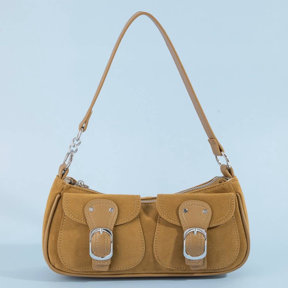 Suede Double Belted Front Pockets Hand Bag - Light Brown