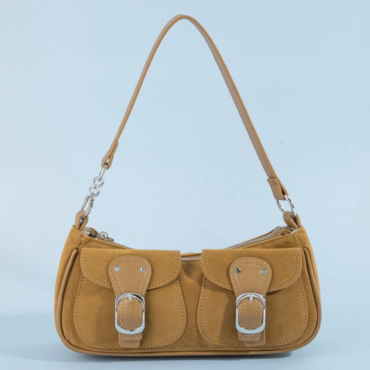 Suede Double Belted Front Pockets Hand Bag - Light Brown
