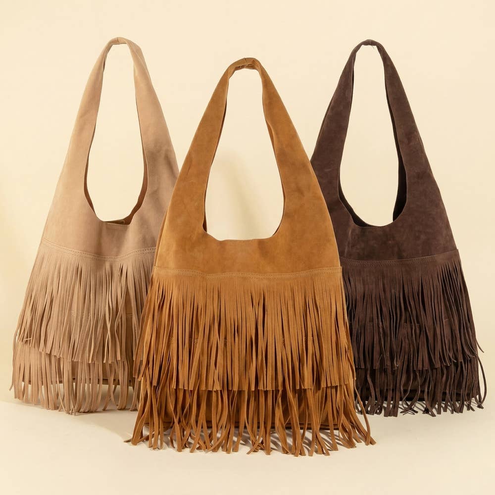 Suede Fringe Hobo Bag With Inner Zip Pouch