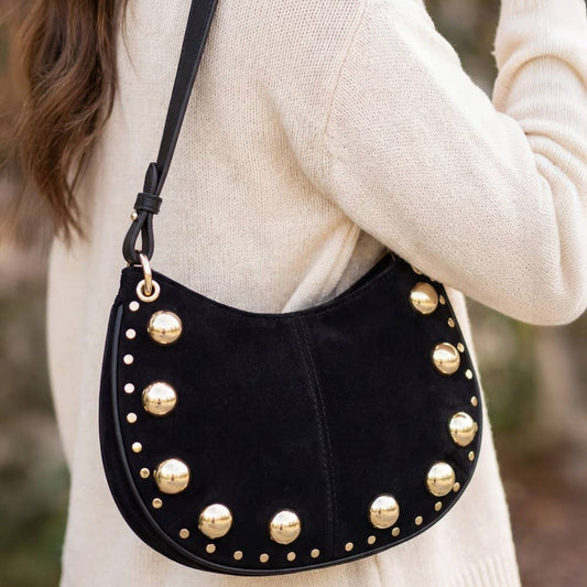 Ball Studded Trim Suede Hobo Shoulder Bag