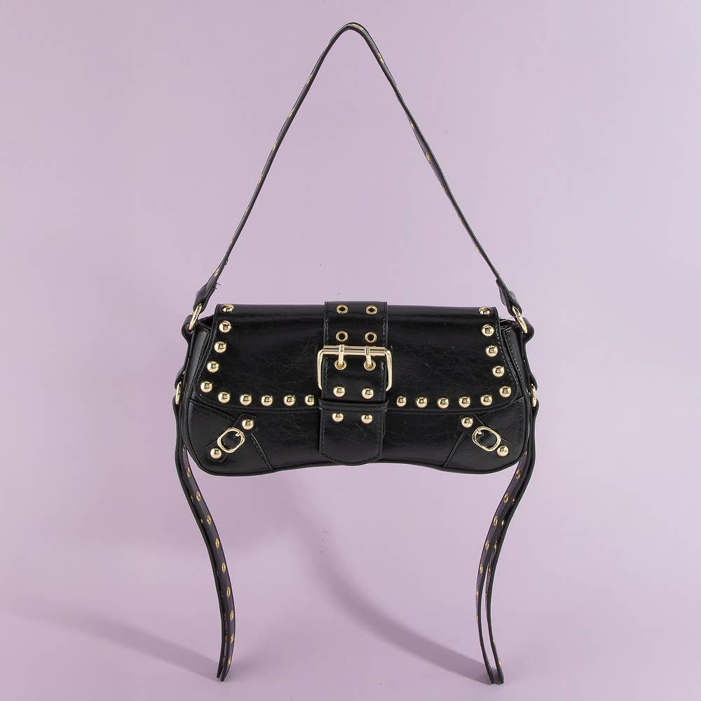 Studded Grommet Strap Buckle Flap Shoulder Bag
