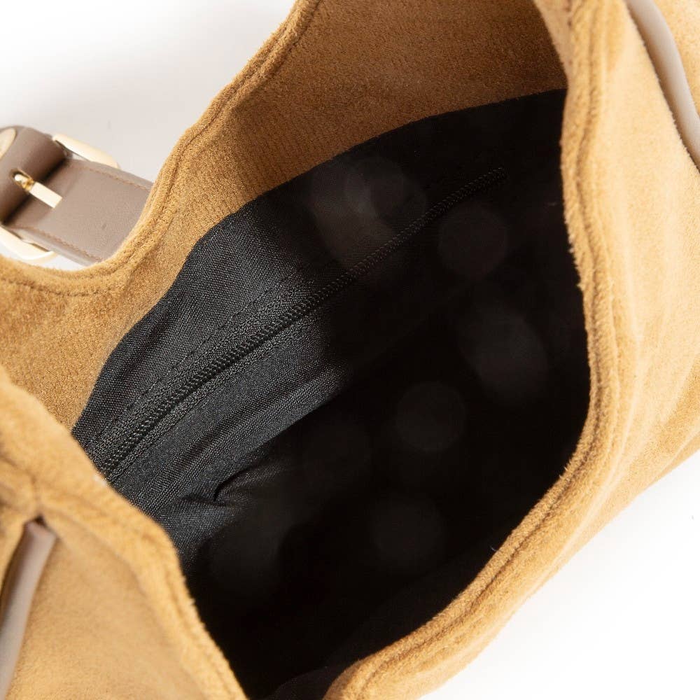 Buckle Accent Faux Suede Hand Bag - Light Brown
