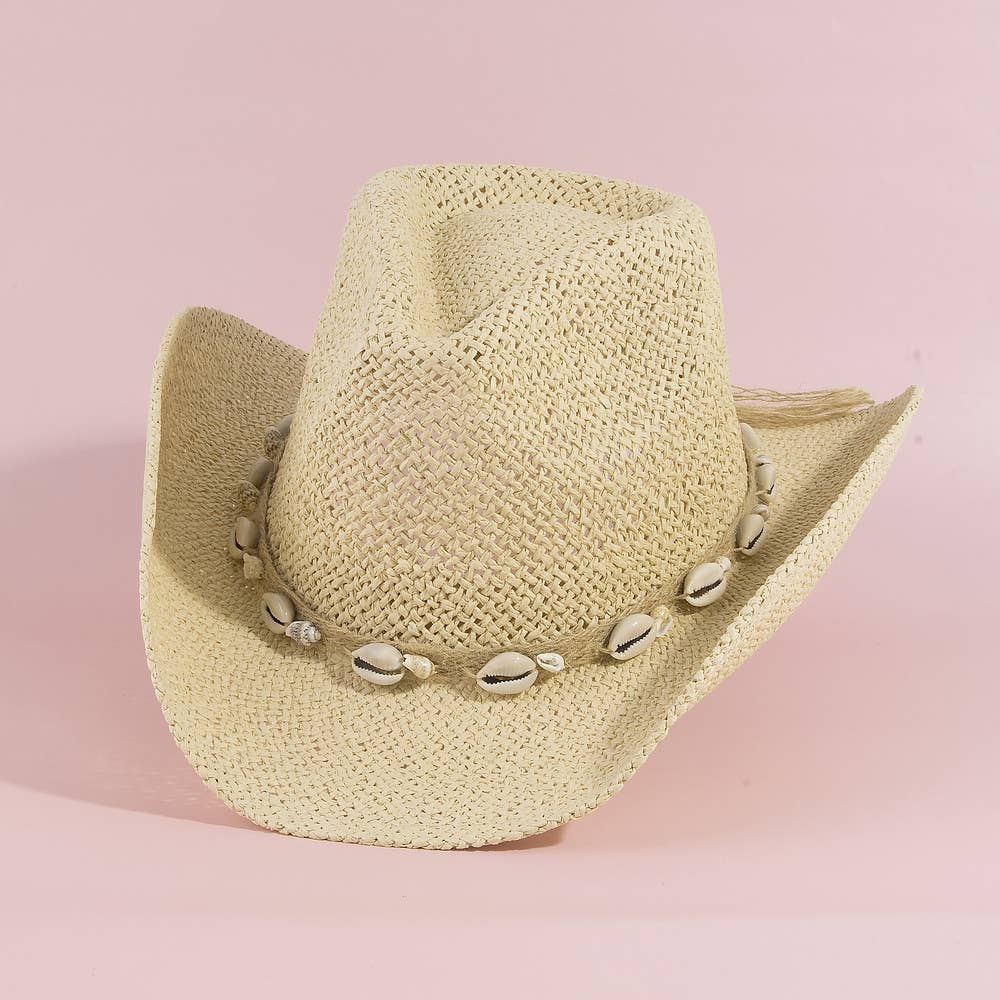 Paper Straw Cowboy Hat With Cowrie Shell Band
