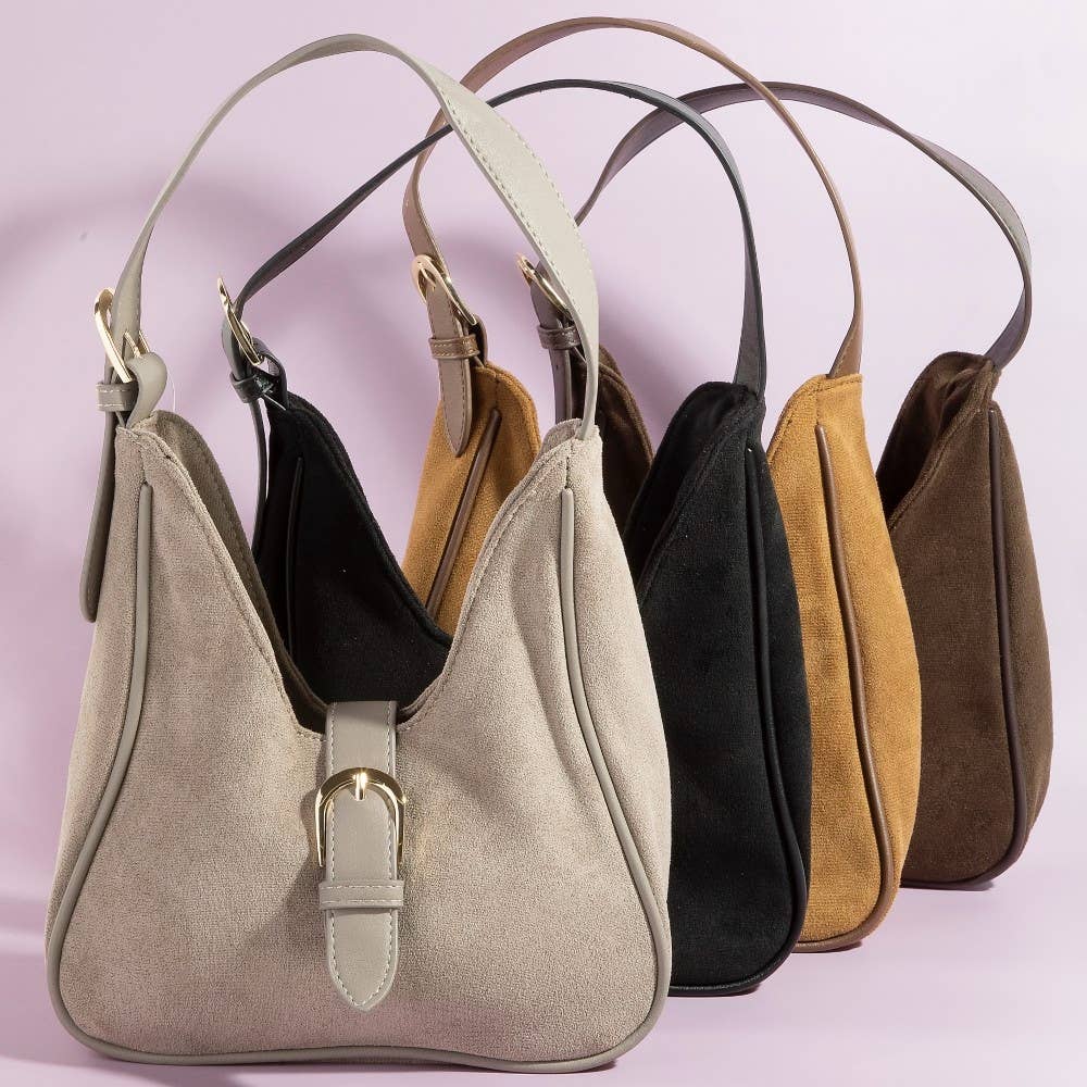 Buckle Accent Faux Suede Hand Bag - Light Brown