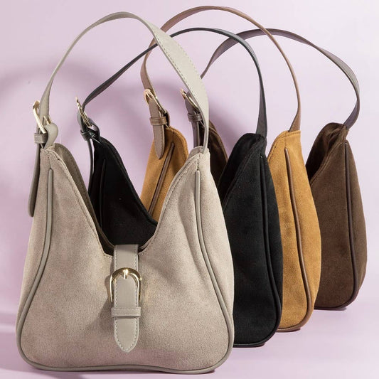 Buckle Accent Faux Suede Hand Bag - Light Brown