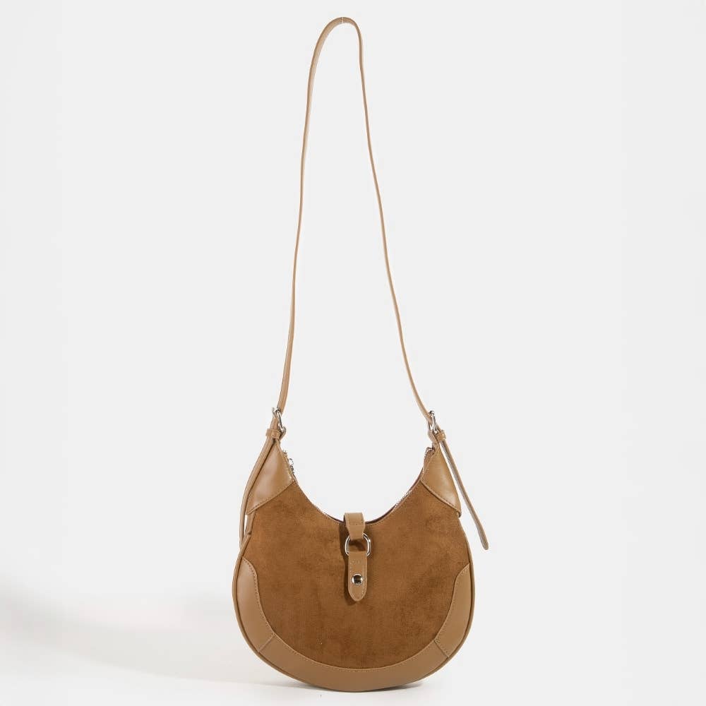 Faux Leather Accent Suede Crescent Shoulder Bag