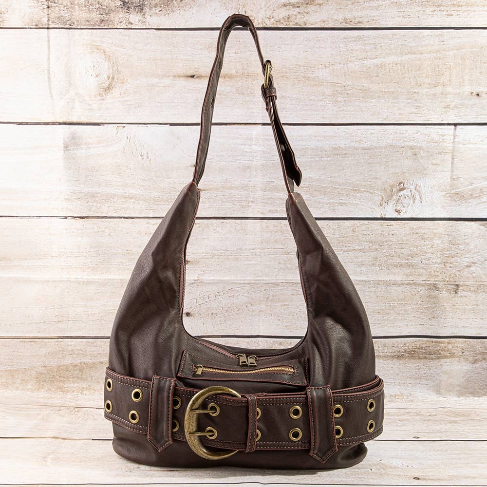 Faux Leather Belted Hobo Shoulder Bag