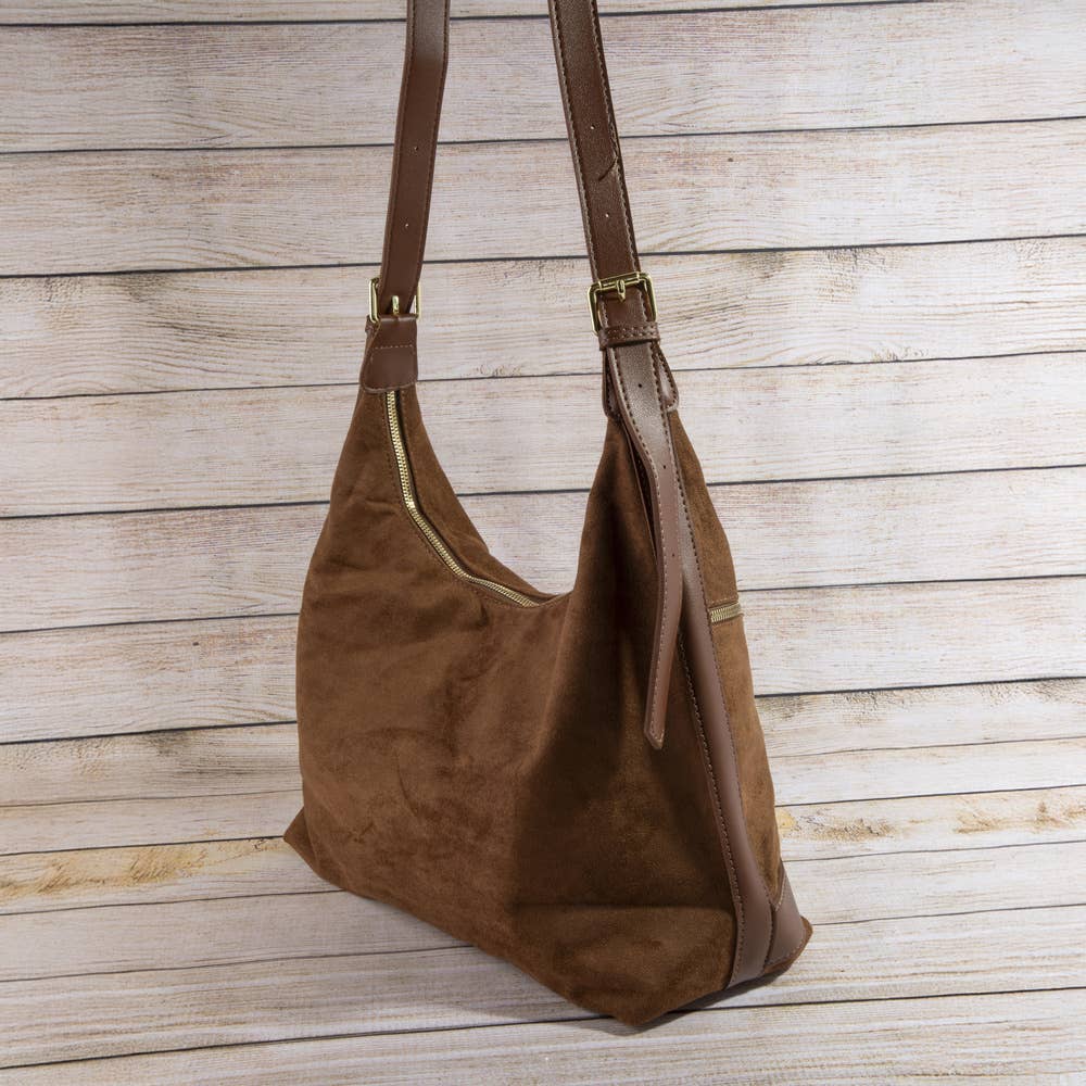 Suede Zip Detail Buckle Hobo Bag