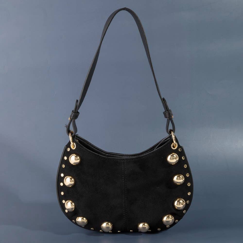 Ball Studded Trim Suede Hobo Shoulder Bag