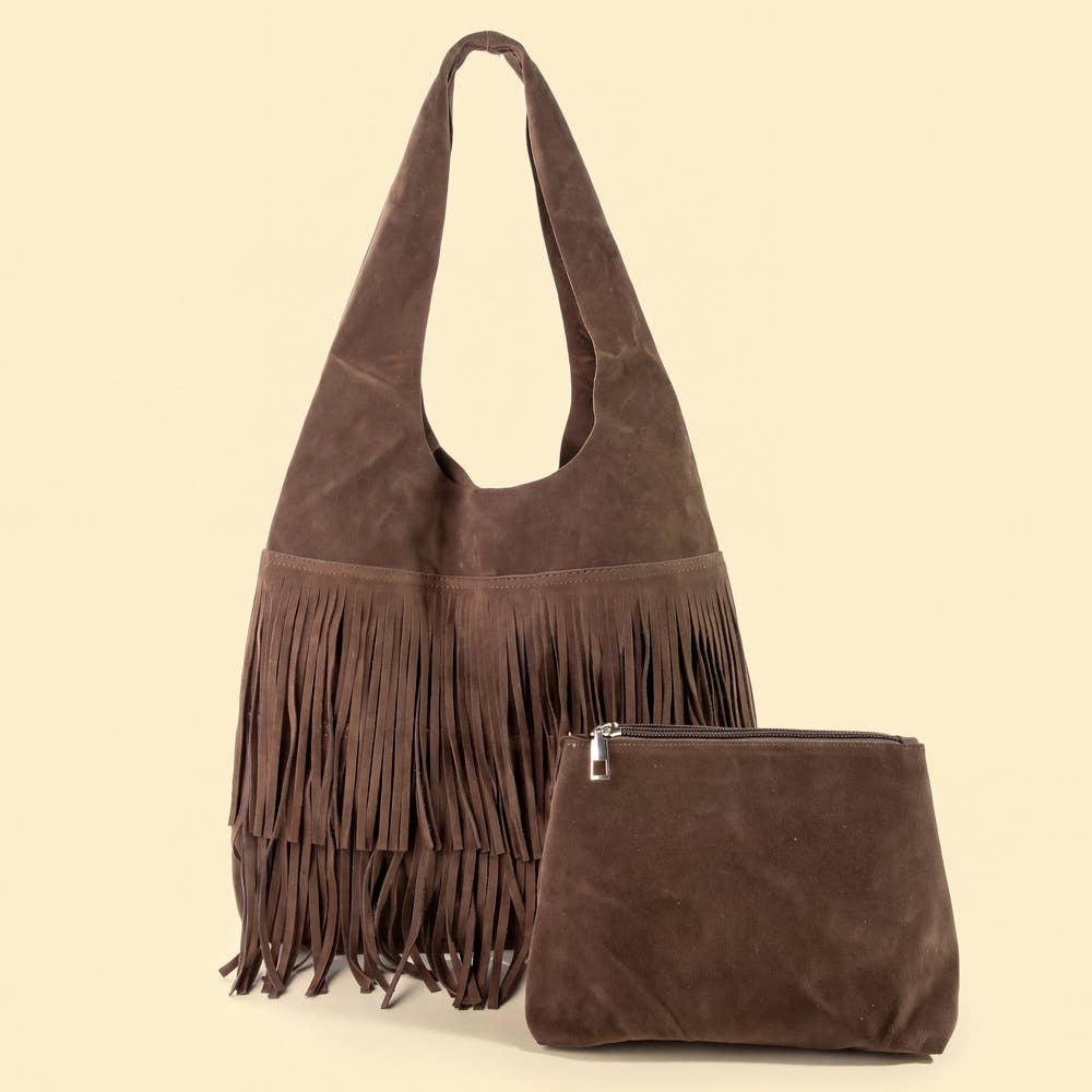 Suede Fringe Hobo Bag With Inner Zip Pouch